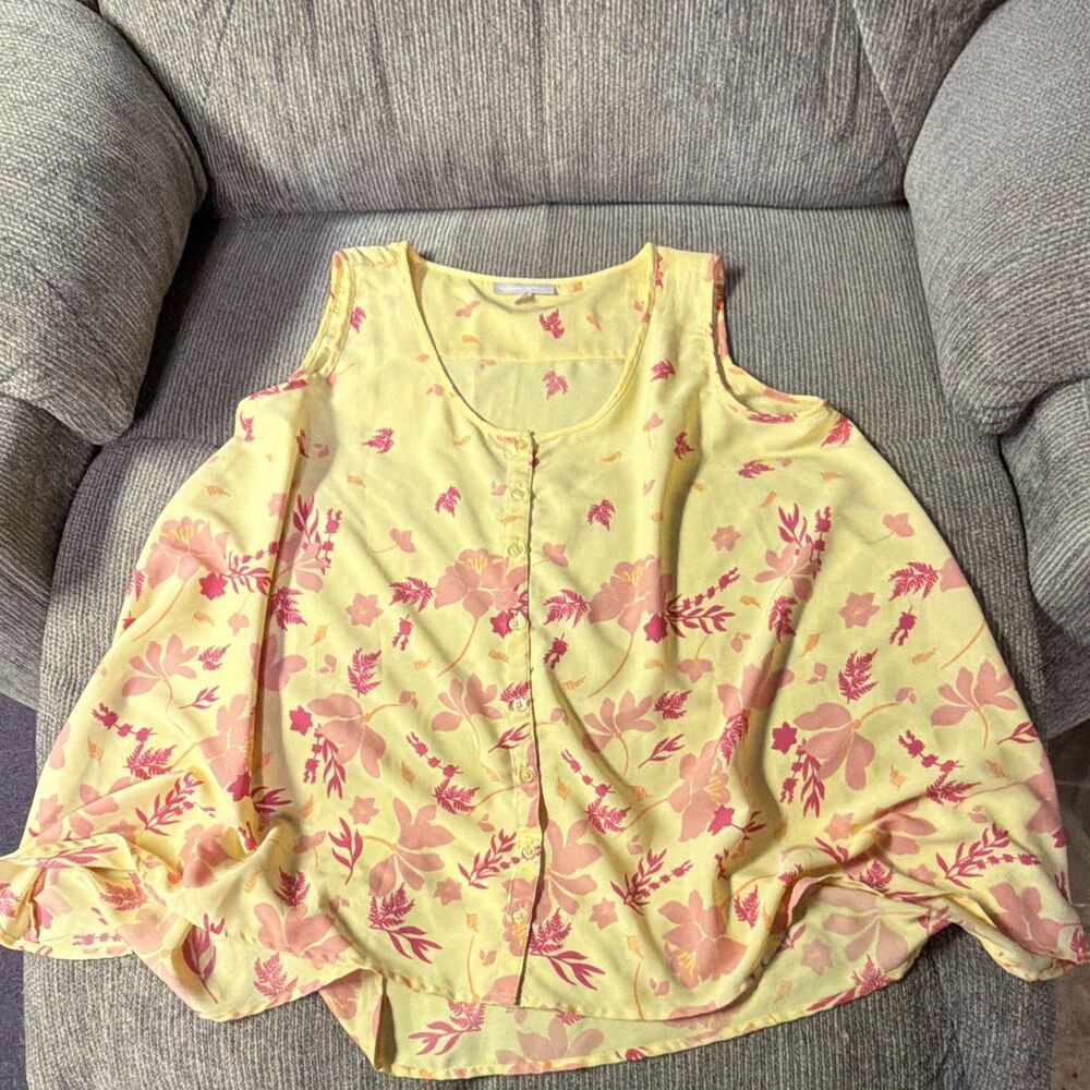 Woman Within Yellow Pink Floral Polyester Woven Button Front Blouse Womens 18/20
